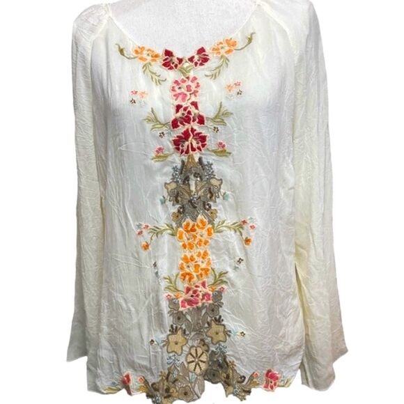 J. Jill Tops - J. Jill Med Petite Ivory Boho Floral Embroidery Semi Sheer Pull Over Blouse